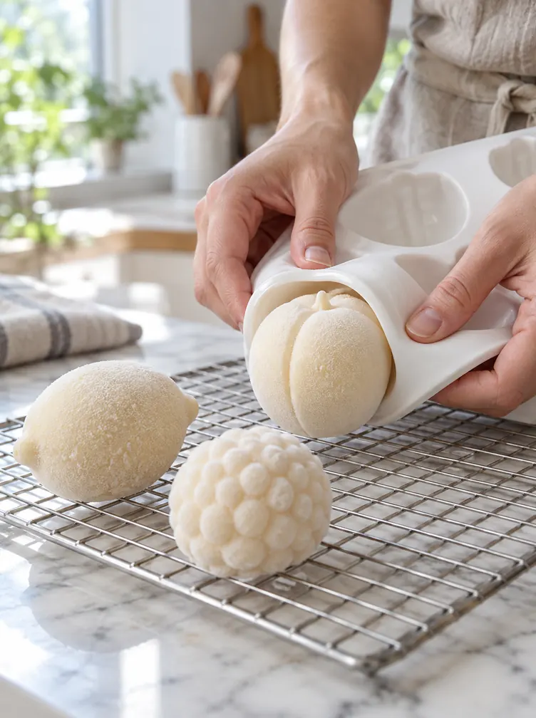 Hands lifting a frozen dessert out of a silicone mold