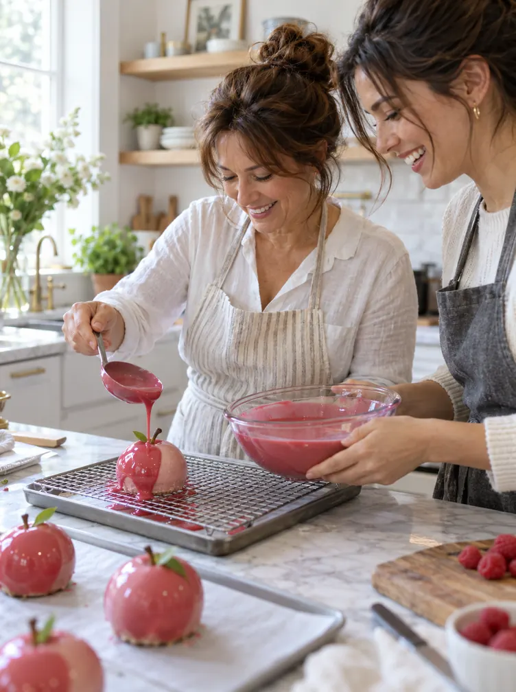 A mother and daughter coating desserts together